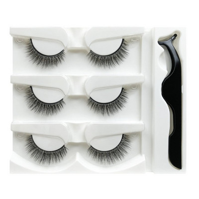 3 perechi de gene false, fără lipici și autoadezive, naturale și lungi, gene false realizate manual, set de machiaj pentru ochi cu pensetă