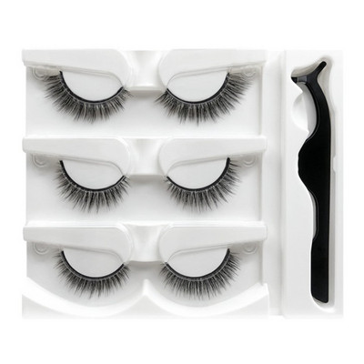 3 perechi de gene false, fără lipici și autoadezive, naturale și lungi, gene false realizate manual, set de machiaj pentru ochi cu pensetă