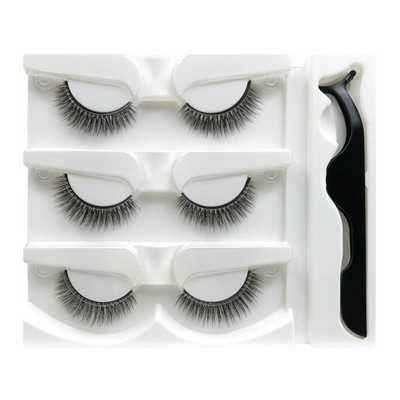 3 perechi de gene false, fără lipici și autoadezive, naturale și lungi, gene false realizate manual, set de machiaj pentru ochi cu pensetă