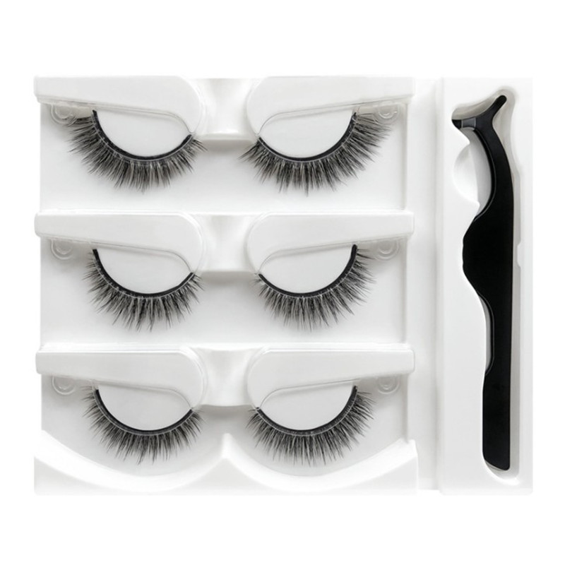 3 perechi de gene false, fără lipici și autoadezive, naturale și lungi, gene false realizate manual, set de machiaj pentru ochi cu pensetă