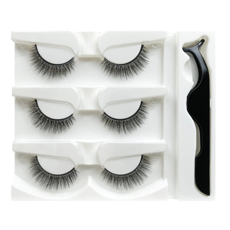 3 perechi de gene false, fără lipici și autoadezive, naturale și lungi, gene false realizate manual, set de machiaj pentru ochi cu pensetă