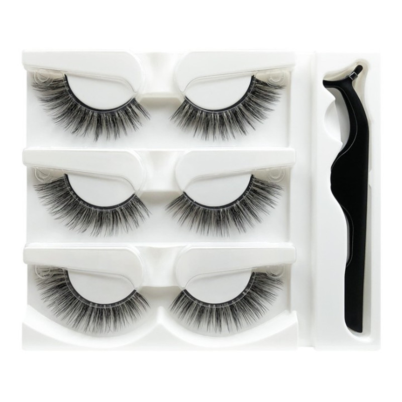 3 perechi de gene false, fără lipici și autoadezive, naturale și lungi, gene false realizate manual, set de machiaj pentru ochi cu pensetă