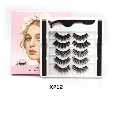 5 чифта магнитни мигли и комплект очна линия Естествени фалшиви мигли Течна очна линия и водоустойчив комплект пинсети Инструменти за грим