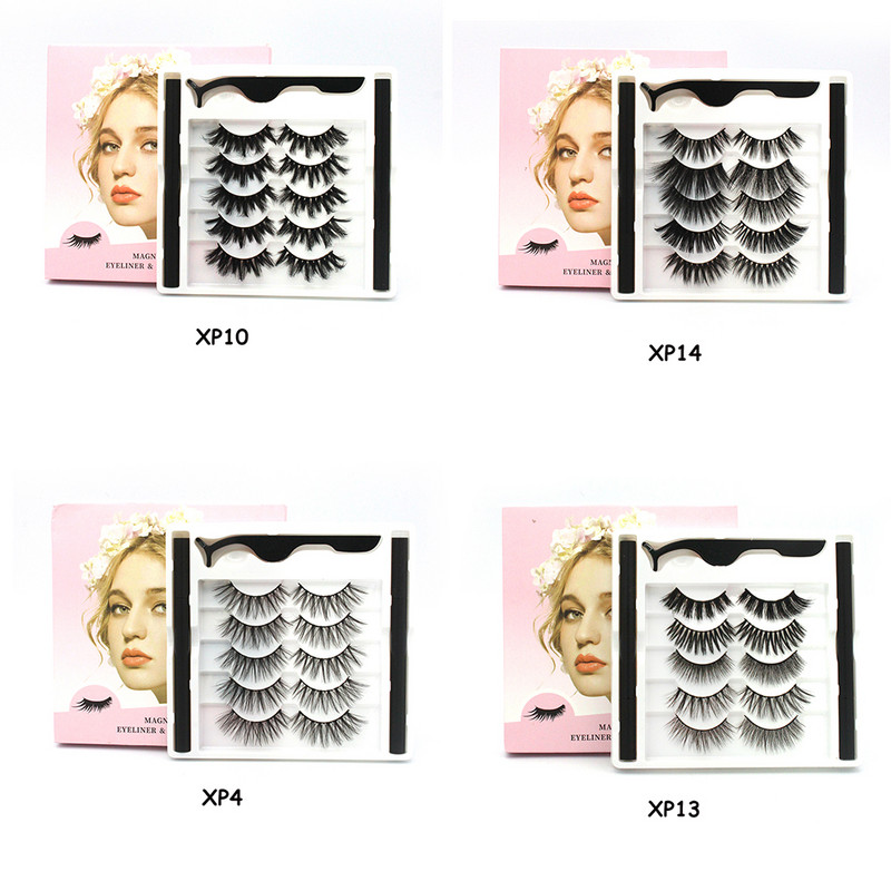 5 чифта магнитни мигли и комплект очна линия Естествени фалшиви мигли Течна очна линия и водоустойчив комплект пинсети Инструменти за грим