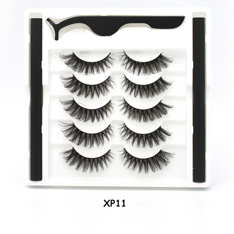 5 чифта магнитни мигли и комплект очна линия Естествени фалшиви мигли Течна очна линия и водоустойчив комплект пинсети Инструменти за грим