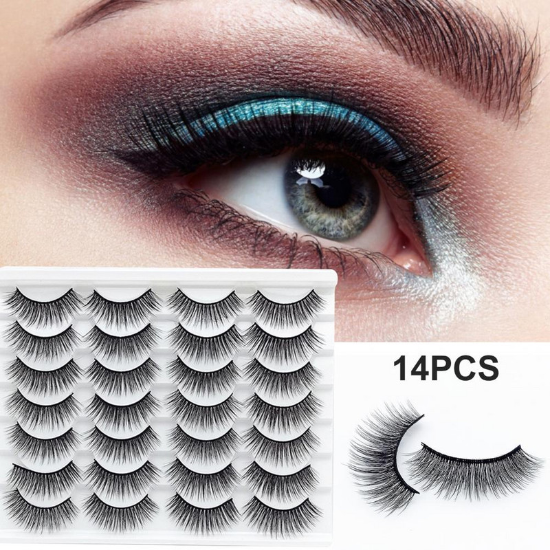 14 ζευγάρια μαύρες τεχνητές βλεφαρίδες Χνουδωτές πυκνές χημικές ίνες ομορφιάς ψευδείς βλεφαρίδες μακιγιάζ Αξεσουάρ βλεφαρίδων