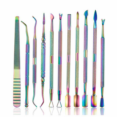 22 Style Rainbow nerūsējošā tērauda nagu kutikulas spiedējs pincete nagu mākslas vīles UV gēla laka noņemt manikīra kopšanas groove tīrīšanas rīks