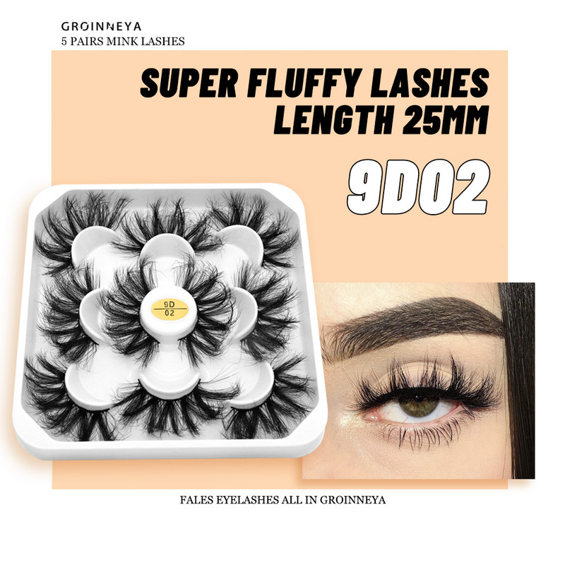 GROINNEYA 5 чифта Норкови мигли Изкуствени мигли Норкови изкуствени мигли Драматични обемни мигли Удължаване на мигли за грим