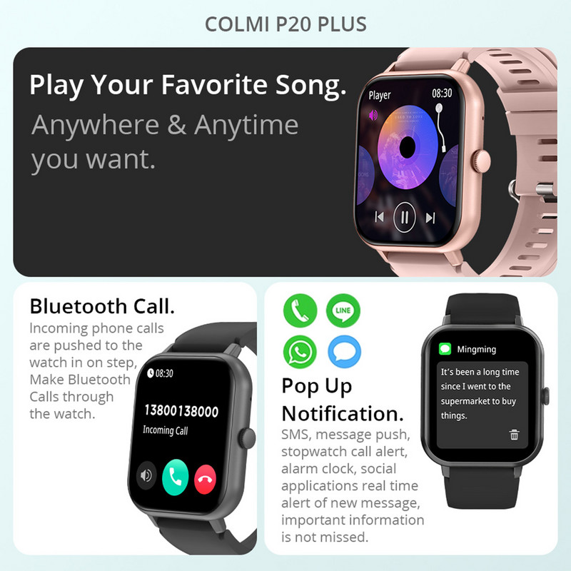COLMI P20 Plus 2023 okosóra 1,83 hüvelykes Bluetooth hívó 100+ sportmodellek pulzusszám alvásmérő okosóra férfiaknak női
