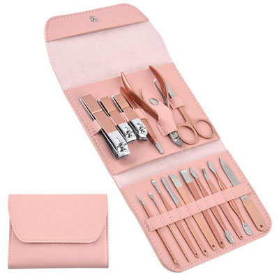 Rose Gold 16 piese Kit pedichiura Set tuns unghii cu husa din piele pentru femei
