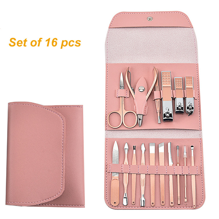 Rose Gold 16 piese Kit pedichiura Set tuns unghii cu husa din piele pentru femei