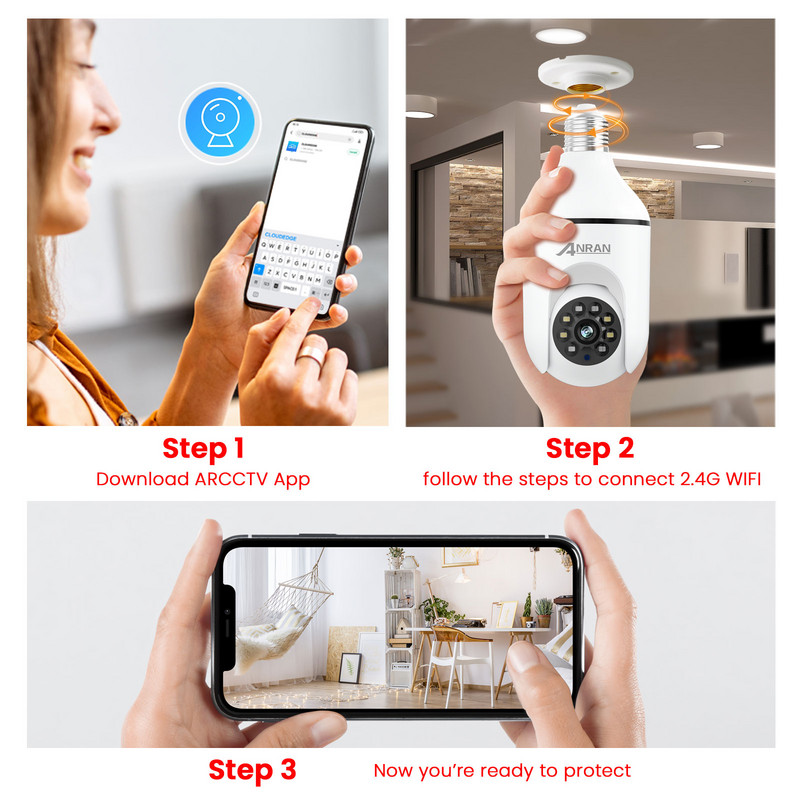 ANRAN 1080P WIFI IP E27 Žarulja Kamera Sigurnosni nadzor 360° Automatsko praćenje Noćni vid u boji PTZ Vanjski bežični