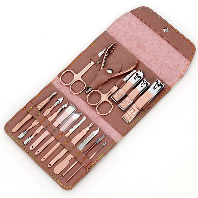 Set profesional de 4/16 bucăți din aur roz pentru menichiură pentru unghii, ace pentru acnee, clește cu cârlig, set de instrumente pentru pedichiură cu sac