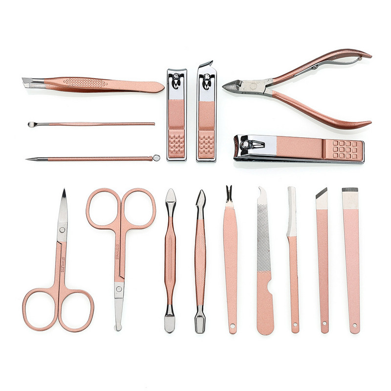 Set profesional de 4/16 bucăți din aur roz pentru menichiură pentru unghii, ace pentru acnee, clește cu cârlig, set de instrumente pentru pedichiură cu sac