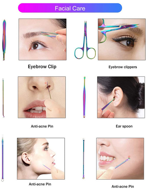 Kit de manichiură Curcubeu, 8/18 bucăți, instrumente profesionale de îngrijire pentru îngrijire, pile pentru unghii, cu set de manichiură din piele