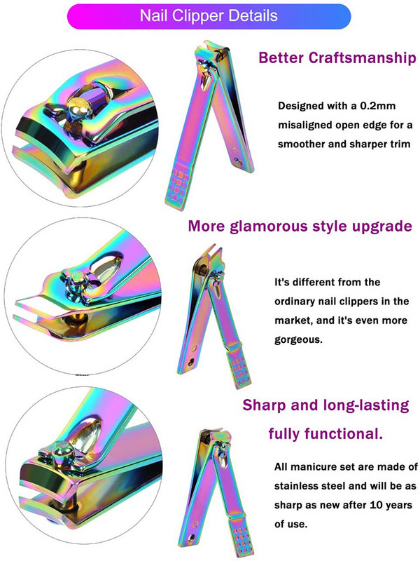 Kit de manichiură Curcubeu, 8/18 bucăți, instrumente profesionale de îngrijire pentru îngrijire, pile pentru unghii, cu set de manichiură din piele