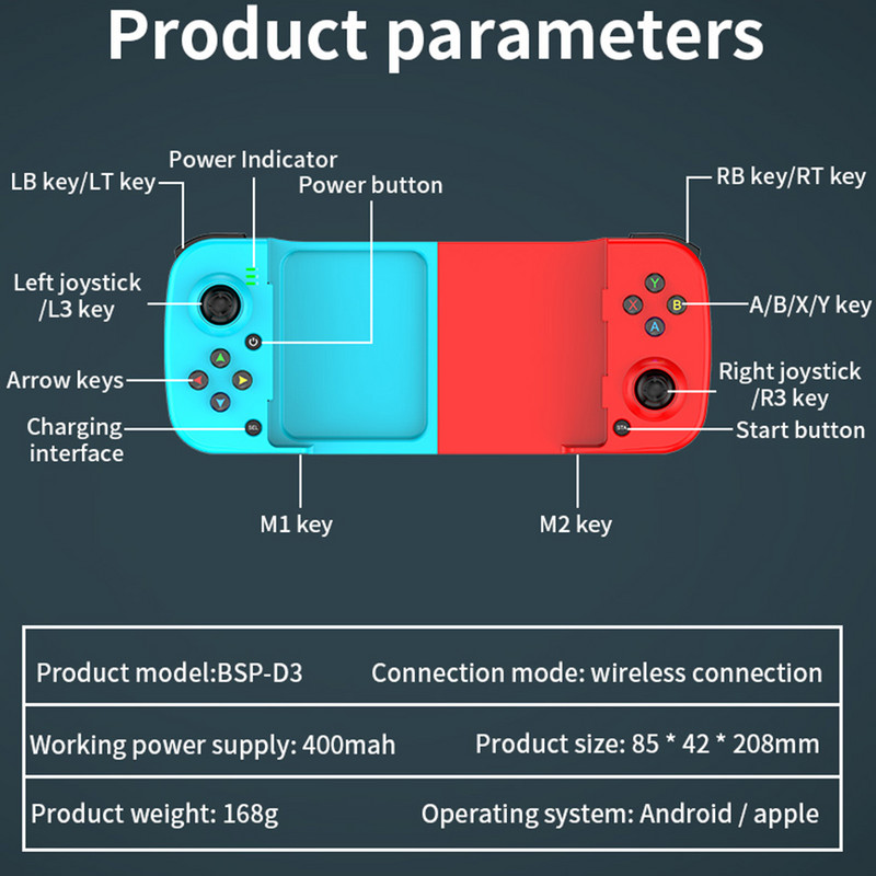 Vezeték nélküli Bluetooth játékvezérlő teleszkópos játékvezérlő joystick Samsung Xiaomi Huawei Android iPhone-hoz töltőkábellel