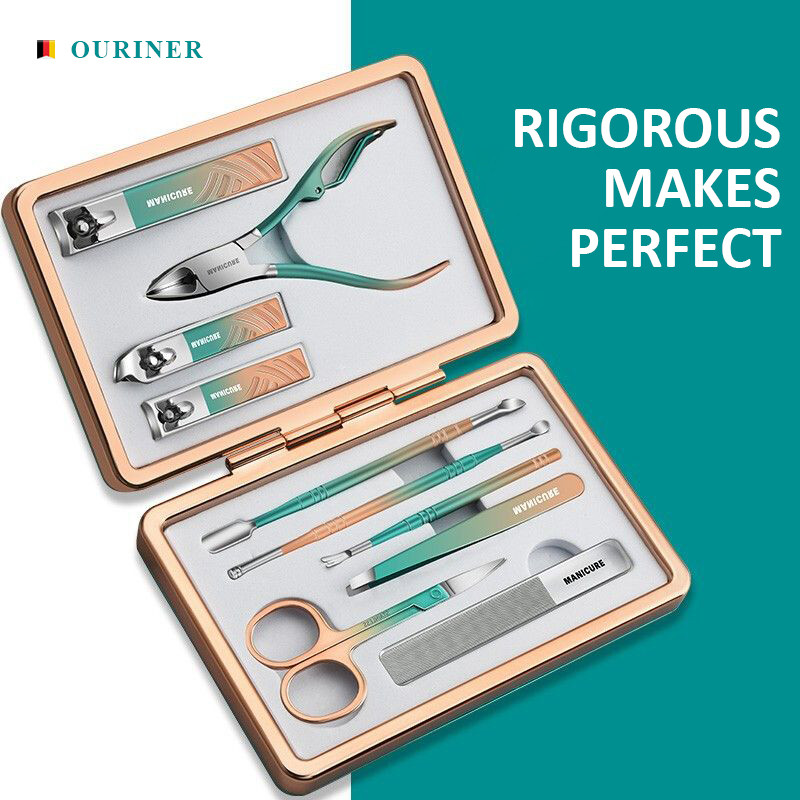 Manikiūro rinkinys 10 viename profesionalus praktinis rinkinys su aliuminio lydinio dėklu nerūdijančio plieno nagų kirpimo mašinėlės asmens priežiūros priemonė