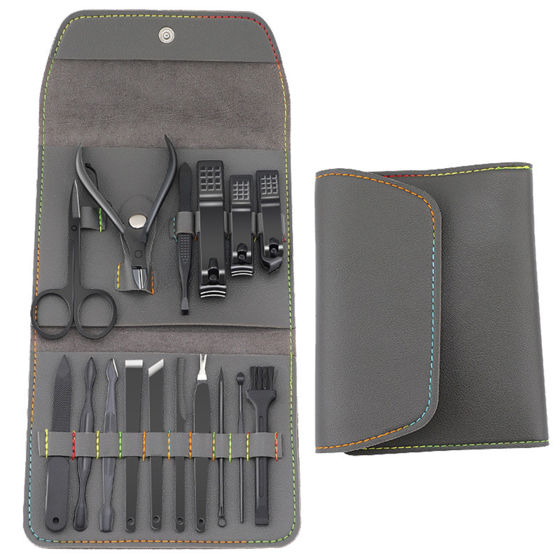 Profesionalus manikiūro rinkinys 16 viename pilnai veikiantis nerūdijančio plieno pedikiūro rinkiniai su odiniu nešiojamu dėklu – idėja – dovana