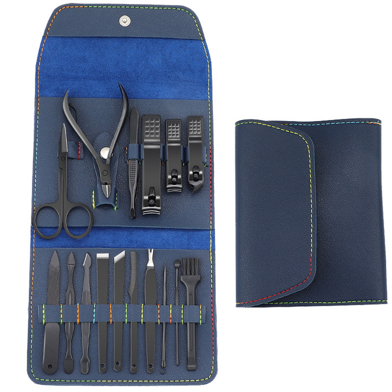 Profesionalus manikiūro rinkinys 16 viename pilnai veikiantis nerūdijančio plieno pedikiūro rinkiniai su odiniu nešiojamu dėklu – idėja – dovana