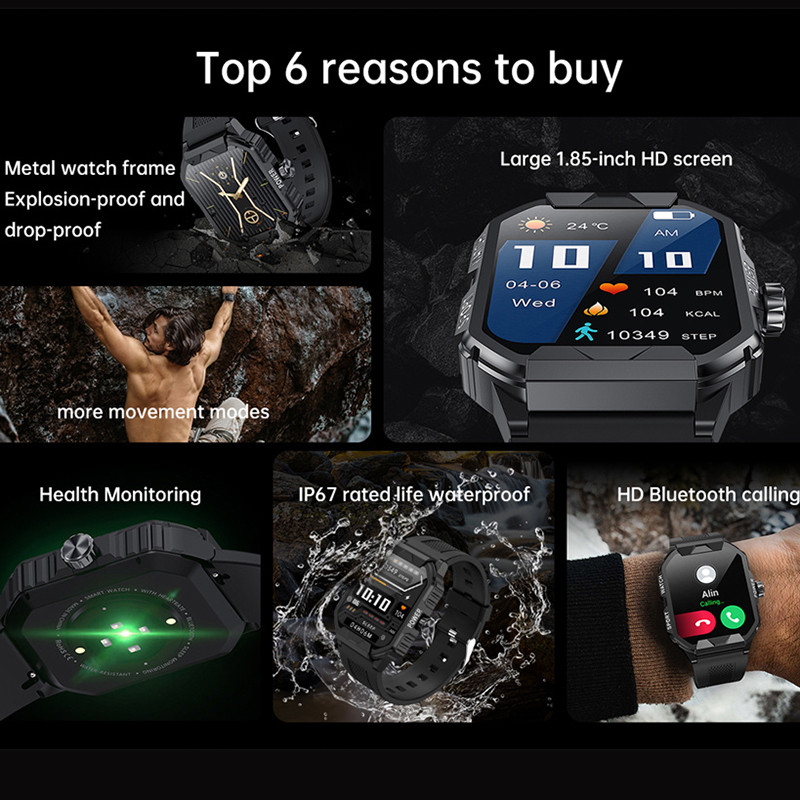 2023 Nou ceas militar inteligent de 1,85 inci pentru bărbați Apel Bluetooth 300 mAh 24 de ore Monitor sănătos Sport în aer liber IP67 Ceas inteligent pentru bărbați rezistent la apă
