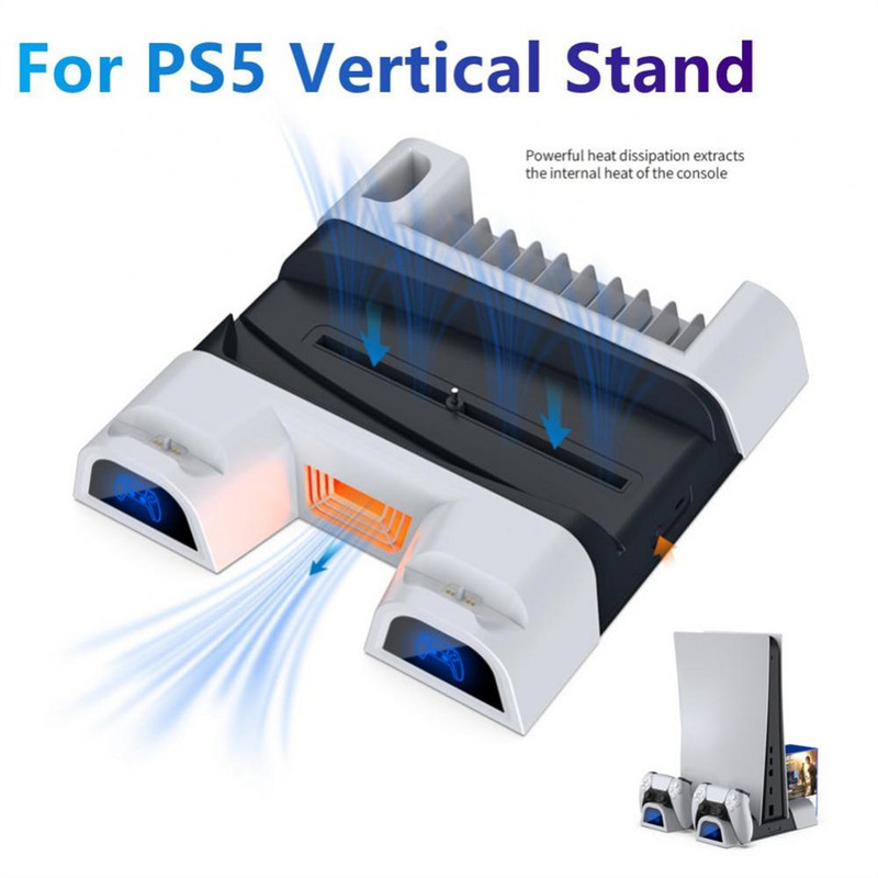 Ventilator de răcire cu LED pentru suport vertical PS5 Console de jocuri Dock de încărcare pentru controler PS5 2 Standuri de stație de încărcare