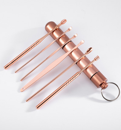 Oțel inoxidabil 6 bucăți artefact pentru curățarea urechilor cu arc rotativ pentru cules de urechi Kit set de instrumente pentru alegerea urechilor Rose Gold Domestic