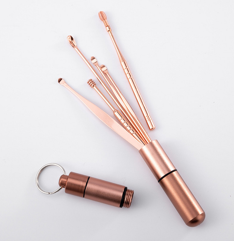 Oțel inoxidabil 6 bucăți artefact pentru curățarea urechilor cu arc rotativ pentru cules de urechi Kit set de instrumente pentru alegerea urechilor Rose Gold Domestic