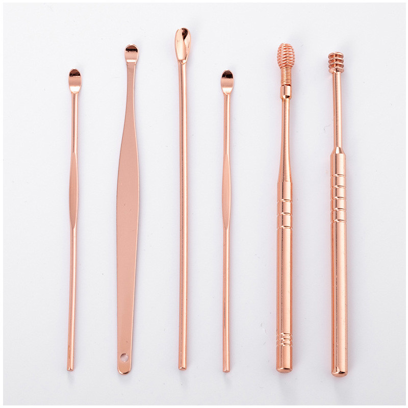 Oțel inoxidabil 6 bucăți artefact pentru curățarea urechilor cu arc rotativ pentru cules de urechi Kit set de instrumente pentru alegerea urechilor Rose Gold Domestic