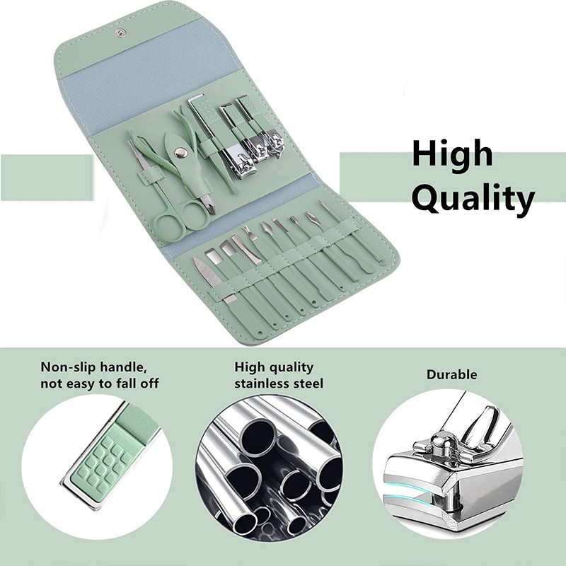 Set za manikuru Škare za nokte Alati za kućanstvo 12/16 kom. Zelena Žlica za uši od nehrđajućeg čelika Rezači za nokte Škare Kit za alate za manikuru