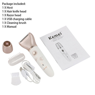 KM-1632 Epilator electric 2 în 1 Aparat de tuns USB Aparat de tuns Bikini Reîncărcabil Impermeabil pentru îndepărtarea părului pentru față +2 capete