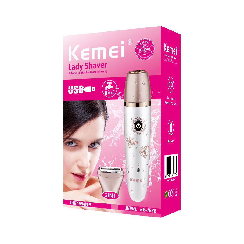 KM-1632 Epilator electric 2 în 1 Aparat de tuns USB Aparat de tuns Bikini Reîncărcabil Impermeabil pentru îndepărtarea părului pentru față +2 capete