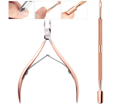 Oțel inoxidabil cu dublu cap Nail Art Dead Skin Pusher Cuticule Chipper Foarfece Set de manichiură Rose Gold UV Gel Elimina 2/4 buc/set