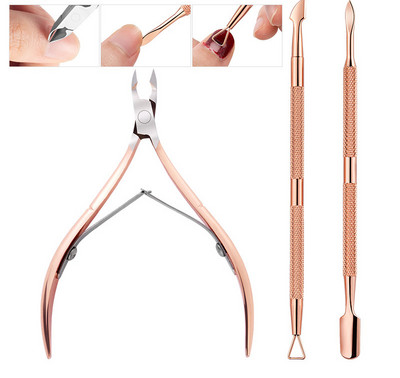Oțel inoxidabil cu dublu cap Nail Art Dead Skin Pusher Cuticule Chipper Foarfece Set de manichiură Rose Gold UV Gel Elimina 2/4 buc/set