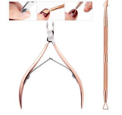 Oțel inoxidabil cu dublu cap Nail Art Dead Skin Pusher Cuticule Chipper Foarfece Set de manichiură Rose Gold UV Gel Elimina 2/4 buc/set