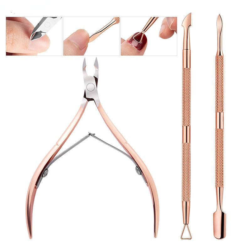 Oțel inoxidabil cu dublu cap Nail Art Dead Skin Pusher Cuticule Chipper Foarfece Set de manichiură Rose Gold UV Gel Elimina 2/4 buc/set
