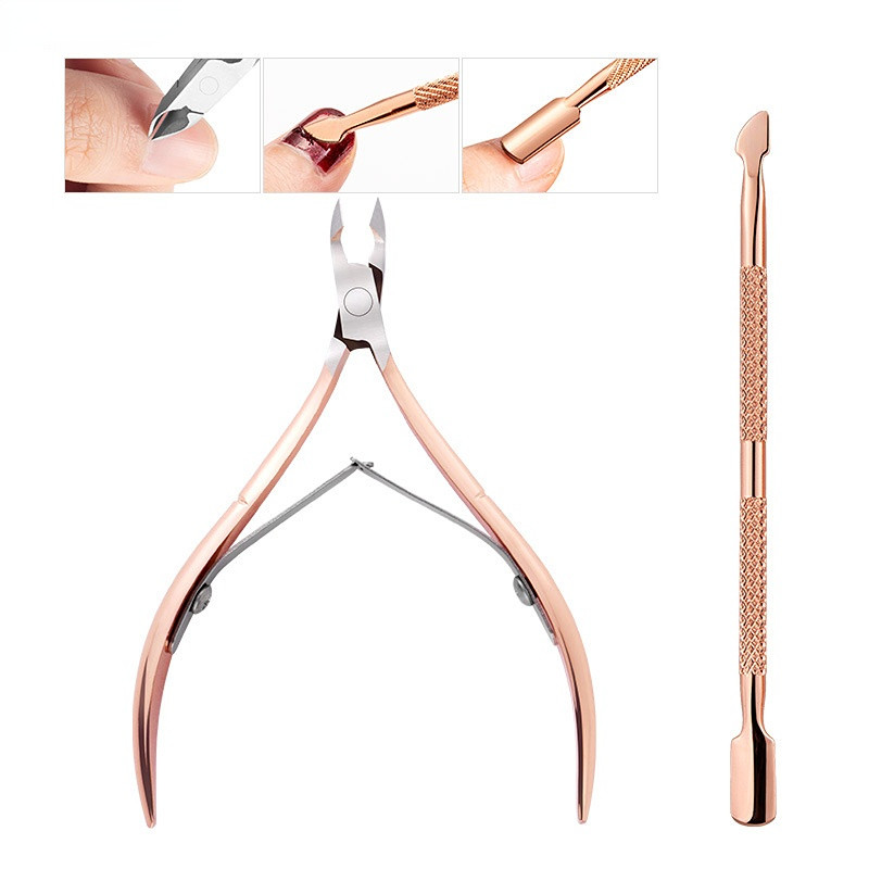 Oțel inoxidabil cu dublu cap Nail Art Dead Skin Pusher Cuticule Chipper Foarfece Set de manichiură Rose Gold UV Gel Elimina 2/4 buc/set