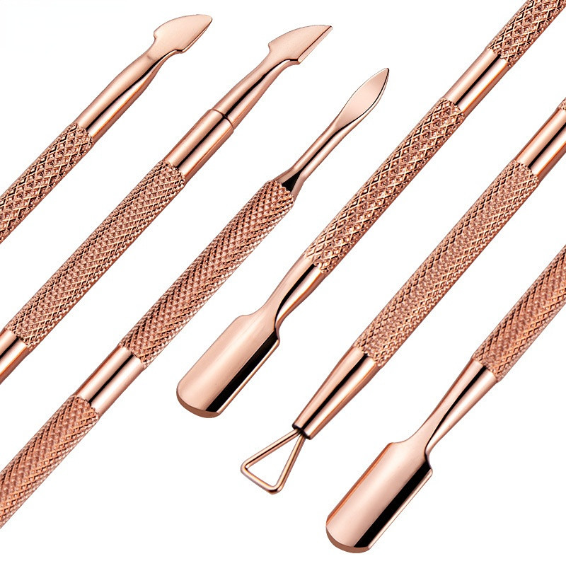 Oțel inoxidabil cu dublu cap Nail Art Dead Skin Pusher Cuticule Chipper Foarfece Set de manichiură Rose Gold UV Gel Elimina 2/4 buc/set