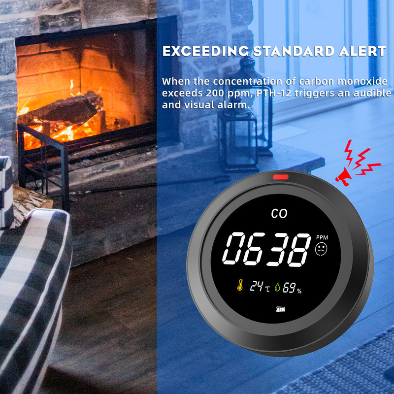 PROTMEX 2 σε 1 CO Συναγερμός Προειδοποίηση ανιχνευτή πιλοτικό φως Μονοξείδιο του άνθρακα Αισθητήρας καπνού άνθρακα ξύλου για οικιακή βιομηχανία ασφάλεια PTH-12