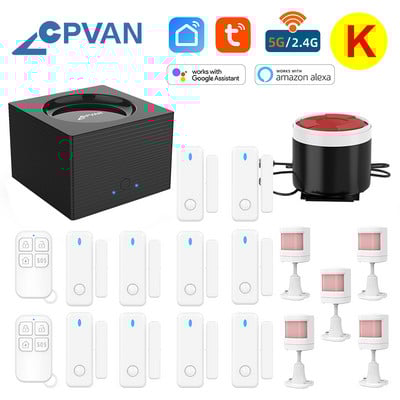CPVAN CP8 viedās mājas signalizācijas sistēma Alexa atbalsts 2.4G 5G WiFi bezvadu Tuya House drošības trauksmes komplekts kustības sensora durvju detektors
