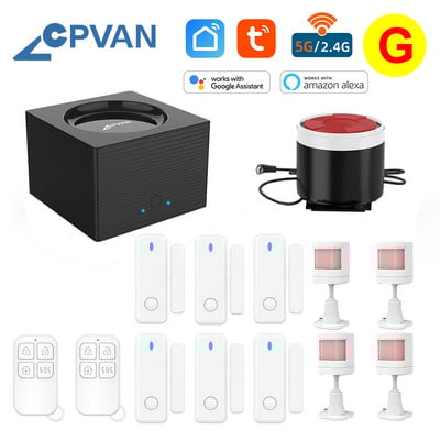 CPVAN CP8 viedās mājas signalizācijas sistēma Alexa atbalsts 2.4G 5G WiFi bezvadu Tuya House drošības trauksmes komplekts kustības sensora durvju detektors