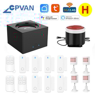 CPVAN CP8 viedās mājas signalizācijas sistēma Alexa atbalsts 2.4G 5G WiFi bezvadu Tuya House drošības trauksmes komplekts kustības sensora durvju detektors