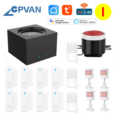 CPVAN CP8 viedās mājas signalizācijas sistēma Alexa atbalsts 2.4G 5G WiFi bezvadu Tuya House drošības trauksmes komplekts kustības sensora durvju detektors