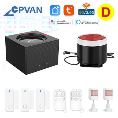 CPVAN CP8 viedās mājas signalizācijas sistēma Alexa atbalsts 2.4G 5G WiFi bezvadu Tuya House drošības trauksmes komplekts kustības sensora durvju detektors