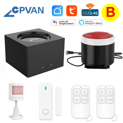 CPVAN CP8 viedās mājas signalizācijas sistēma Alexa atbalsts 2.4G 5G WiFi bezvadu Tuya House drošības trauksmes komplekts kustības sensora durvju detektors