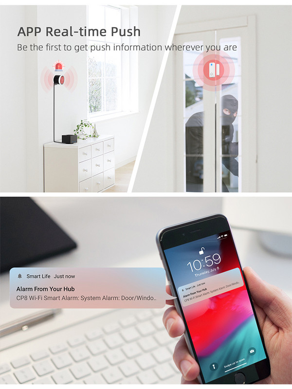 CPVAN CP8 viedās mājas signalizācijas sistēma Alexa atbalsts 2.4G 5G WiFi bezvadu Tuya House drošības trauksmes komplekts kustības sensora durvju detektors