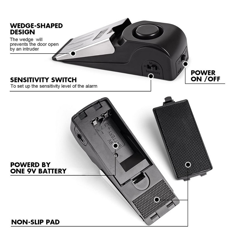 Opritor de ușă Alarma negru antifurt portabil 120db Opritoare de ușă de securitate pentru podea de securitate pentru acasă, hotel, dormitor, feronerie de siguranță