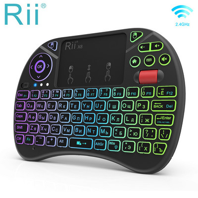 Rii X8 2,4 GHz Wireless Rusă/Engleză/Franceză/Spaniolă Tastatură de comandă de la distanță cu touchpad iluminat din spate pentru Android TV Box PC
