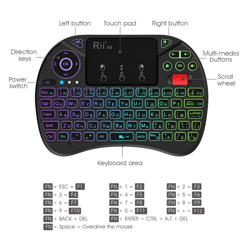 Rii X8 2,4 GHz bežična ruska/engleska/francuska/španjolska tipkovnica s daljinskim upravljačem s pozadinskim osvjetljenjem dodirne podloge za Android TV Box PC