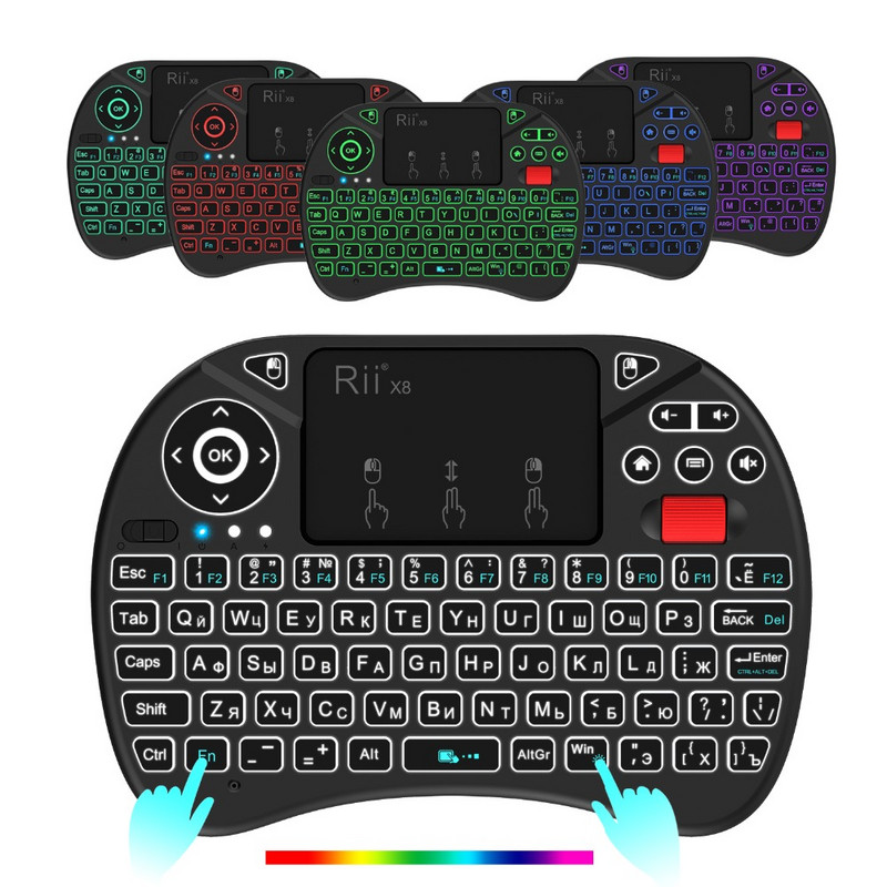 Rii X8 2,4 GHz bežična ruska/engleska/francuska/španjolska tipkovnica s daljinskim upravljačem s pozadinskim osvjetljenjem dodirne podloge za Android TV Box PC